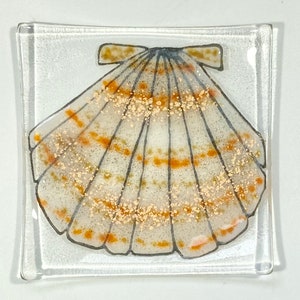 May include: Square glass dish featuring a seashell design. The shell is white with orange and gold detailing, outlined in black. The clear dish has a textured surface, suitable for coastal-themed interiors.