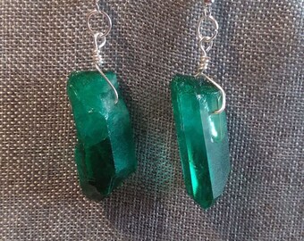 Dark Green Aura Quartz Crystal Dangle Earrings (YOU CHOOSE)