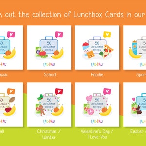 May include: A collection of 10 different lunchbox note cards, each featuring a different theme. The themes include classic, school, foodie, sports, fall, Christmas, Valentine's Day, and Easter. Each card has a colorful illustration and the text "50 Lunchbox Notes" on it.