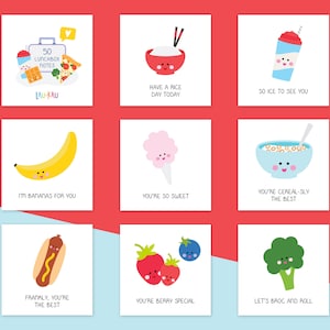 May include: Nine illustrated cards with food puns. Each card features a different food item with a cute face and a punny caption. The cards are white with a red, blue, or pink background.