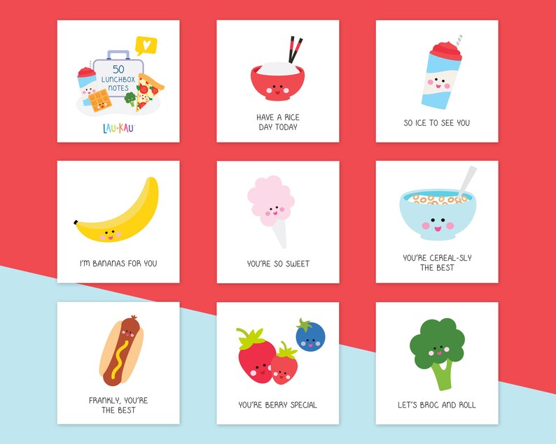 May include: Nine illustrated cards with food puns. Each card features a different food item with a cute face and a punny caption. The cards are white with a red, blue, or pink background.