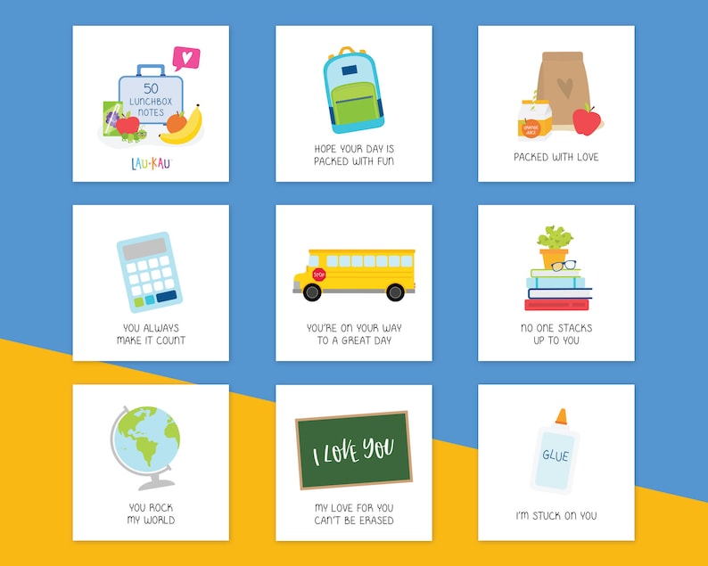 May include: Set of 10 printable cards with illustrations and text. The cards feature a lunchbox, backpack, school bus, calculator, globe, chalkboard, glue, books, and a bag of food. The text on the cards includes phrases like "You rock my world", "I'm stuck on you", and "Packed with love".