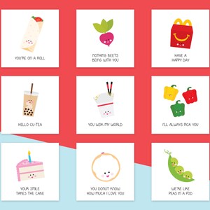 May include: Nine illustrated greeting cards with food puns. Each card features a different food item with a cute face and a punny message. The cards are white with black text.