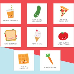 May include: Set of 8 printable Valentine's Day cards featuring cute food illustrations with puns. The cards are white with black text and feature a variety of foods, including a glass of orange juice, a cucumber, a slice of pizza, a sandwich, an ice cream cone, a tomato, a waffle, and a carrot.
