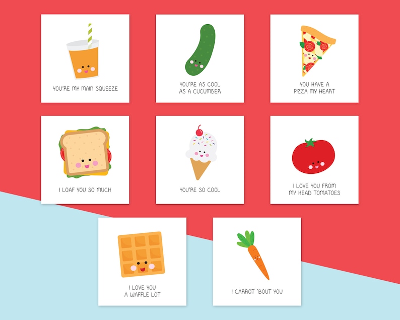 May include: Set of 8 printable Valentine's Day cards featuring cute food illustrations with puns. The cards are white with black text and feature a variety of foods, including a glass of orange juice, a cucumber, a slice of pizza, a sandwich, an ice cream cone, a tomato, a waffle, and a carrot.