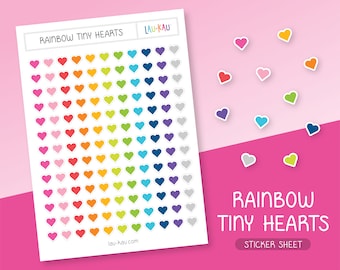 May include: A sheet of rainbow tiny heart stickers. The sheet has 10 rows of 8 hearts each, with each row featuring a different color of the rainbow. The sheet is labeled "Rainbow Tiny Hearts Sticker Sheet".