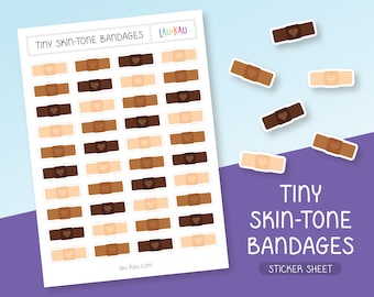May include: A sticker sheet with 48 tiny skin-tone bandages with a heart on each one. The sheet is white with the text "Tiny Skin-Tone Bandages" and "Sticker Sheet" in black.