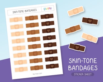 May include: A sticker sheet with 24 illustrated bandages in three skin tones: light, medium, and dark. Each bandage has a small heart in the center. The sheet is labeled "Skin-Tone Bandages Sticker Sheet".