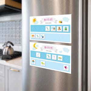 May include: Two rectangular magnetic charts with white and light blue backgrounds. The top chart is labeled Whitley's Morning Routine with sun and bee icons. The bottom chart is labeled Whitley's Evening Routine with moon and cloud icons. Both feature task icons.