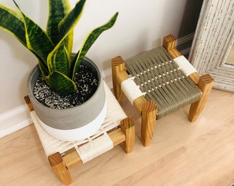 Mid-Century Modern Style Woven Indoor Plant Stand • Handmade • Customizable • BUILT TO ORDER  • (Set of 2)