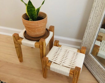 Mid-Century Modern Style Woven Indoor Plant Stand • Handmade • Customizable • BUILT TO ORDER  • (Set of 2)