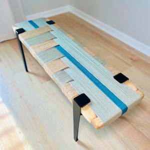 Mid-Century Modern Style Bench • Mudroom / Entryway Bench • Hand Woven End of Bed Stool • Custom Made • Handmade & BUILT TO ORDER