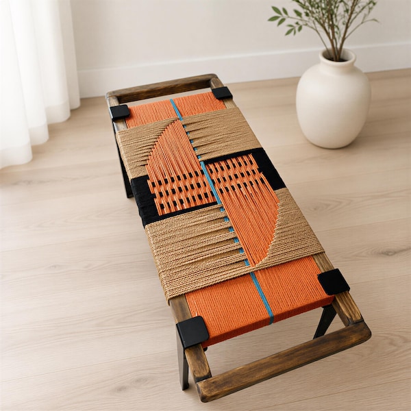Hand-Woven Entryway Bench • MCM Style End of Bed & Mudroom Seating • (Custom-Made, Multiple Sizes)