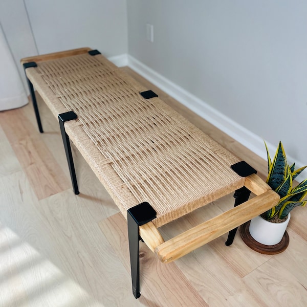 JUTE-Mid-Century Modern Style Bench • Mudroom / Entryway Bench • Hand Woven End of Bed Stool • Custom Made • Handmade & Built to Order