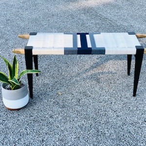 Mid-Century Modern Style Bench • Mudroom / Entryway Bench • Hand Woven End of Bed Stool • Custom Made • Handmade & BUILT TO ORDER