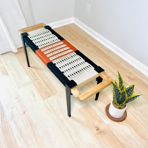 Mid-Century Modern Style Bench • Mudroom / Entryway Bench • Hand Woven End of Bed Stool • Custom Made • Handmade & BUILT TO ORDER