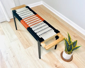 Mid-Century Modern Style Bench • Mudroom / Entryway Bench • Hand Woven End of Bed Stool • Custom Made • Handmade & BUILT TO ORDER