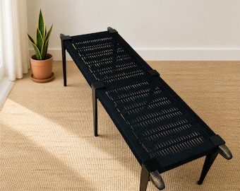 Hand-Woven Entryway Bench • MCM Style End of Bed & Mudroom Seating • (Custom-Made, Multiple Sizes)