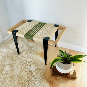 Mid-Century Modern Style Bench • Mudroom / Entryway Bench • Hand Woven End of Bed Stool • Custom Made • Handmade & BUILT TO ORDER