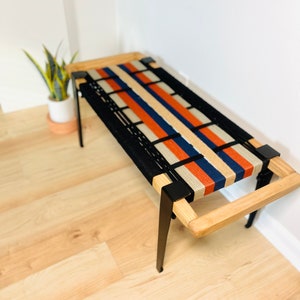 Mid-Century Modern Style Bench • Mudroom / Entryway Bench • Hand Woven End of Bed Stool • Custom Made • Handmade & BUILT TO ORDER