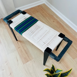 Mid-Century Modern Style Bench • Mudroom / Entryway Bench • Hand Woven End of Bed Stool • Custom Made • Handmade & BUILT TO ORDER