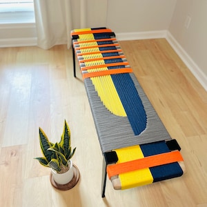 Mid-Century Modern Style Bench • Mudroom / Entryway Bench • Hand Woven End of Bed Stool • Custom Made • Handmade & BUILT TO ORDER
