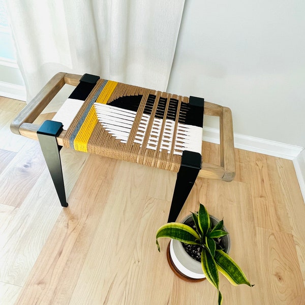 Mid-Century Modern Style Bench • Mudroom / Entryway Bench • Hand Woven End of Bed Stool • Custom Made • Handmade & BUILT TO ORDER