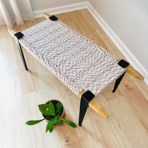 Mid-Century Modern Style Bench • Mudroom / Entryway Bench • Hand Woven End of Bed Stool • Custom Made • Handmade & BUILT TO ORDER