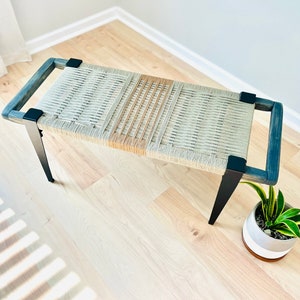 Mid-Century Modern Style Bench • Mudroom / Entryway Bench • Hand Woven End of Bed Stool • Custom Made • Handmade & BUILT TO ORDER
