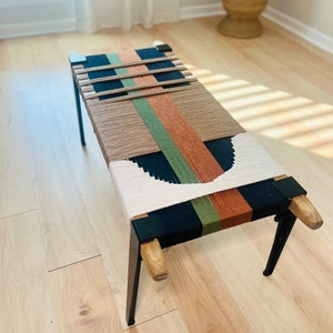 Mid-Century Modern Style Bench • Mudroom / Entryway Bench • Hand Woven End of Bed Stool • Custom Made • Handmade & BUILT TO ORDER