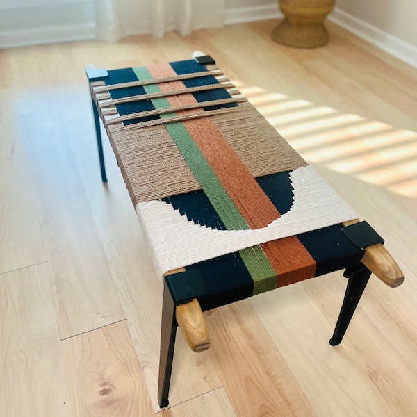 Mid-Century Modern Style Bench • Mudroom / Entryway Bench • Hand Woven End of Bed Stool • Custom Made • Handmade & BUILT TO ORDER