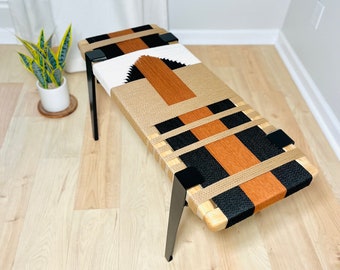 Mid-Century Modern Style Bench • Mudroom / Entryway Bench • Hand Woven End of Bed Stool • Custom Made • Handmade & BUILT TO ORDER