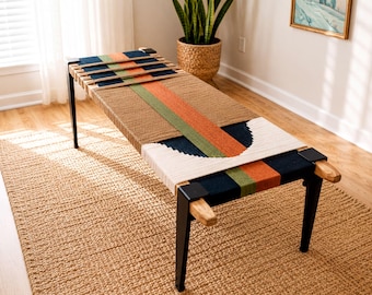 Hand-Woven Entryway Bench • MCM Style End of Bed & Mudroom Seating • (Custom-Made, Multiple Sizes)