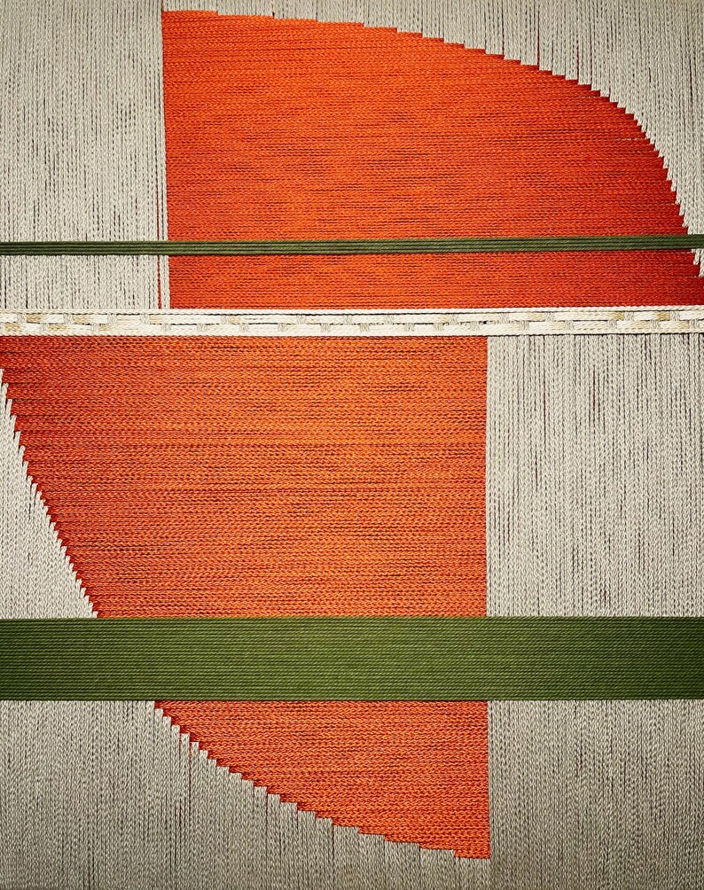 The image is a geometric abstract composition featuring a variety of shapes and colors, including shades of orange, green, and gray.