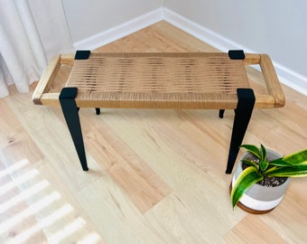 Mid-Century Modern Style Bench • Mudroom / Entryway Bench • Hand Woven End of Bed Stool • Custom Made • Handmade & BUILT TO ORDER