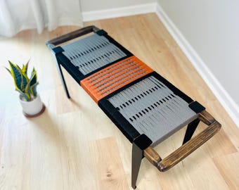 Hand-Woven Entryway Bench • MCM Style End of Bed & Mudroom Seating • (Custom-Made, Multiple Sizes)