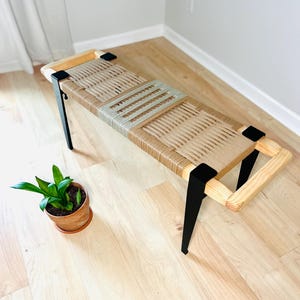 Mid-Century Modern Style Bench • Mudroom / Entryway Bench • Hand Woven End of Bed Stool • Custom Made • Handmade & BUILT TO ORDER