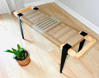Hand-Woven Entryway Bench • MCM Style End of Bed & Mudroom Seating • (Custom-Made, Multiple Sizes)