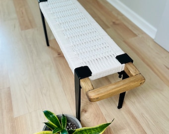 Mid Century Modern Style Bench • Modern Entryway Bench • End of Bed Handmade Bench • Minimalist Bench • Boho Woven Bench