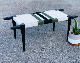 Mid-Century Modern Style Bench • Mudroom / Entryway Bench • Hand Woven End of Bed Stool • Custom Made • Handmade & BUILT TO ORDER