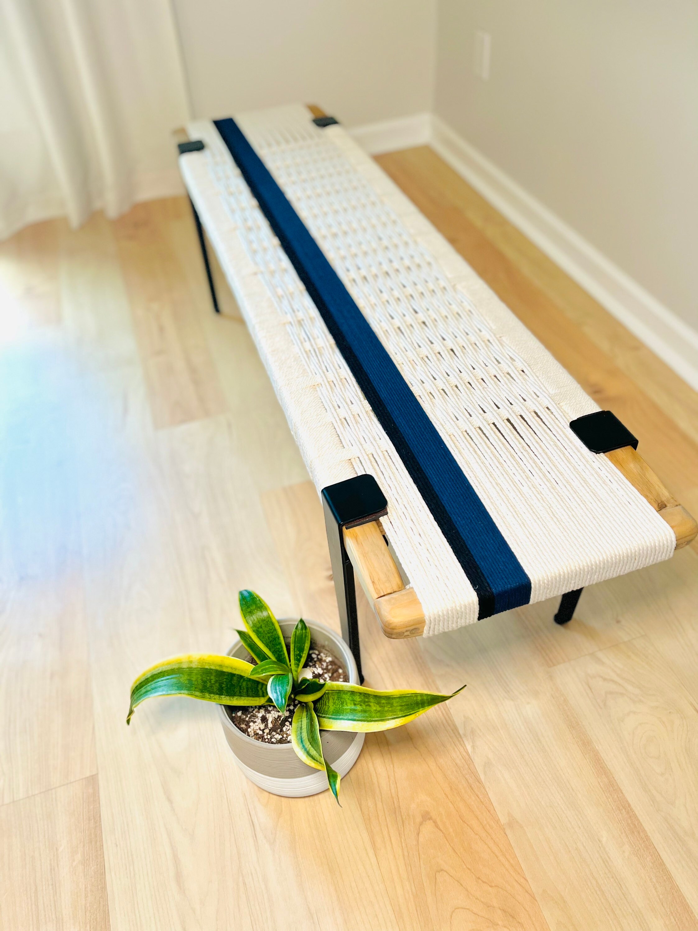 Mid-Century Modern Style Bench • Mudroom / Entryway Bench • Hand Woven End of Bed Stool • Custom Made • Handmade & BUILT TO ORDER
