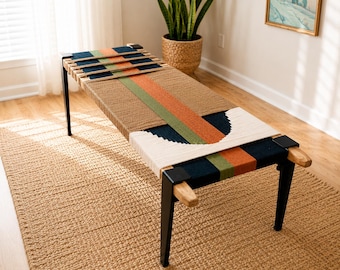 Hand-Woven Entryway Bench • MCM Style End of Bed & Mudroom Seating • (Custom-Made, Multiple Sizes)