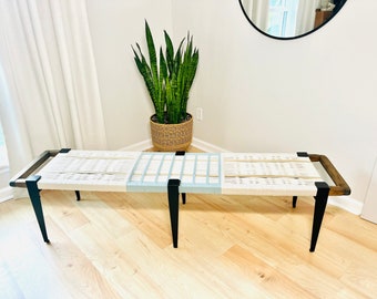 Mid-Century Modern Style Bench • Mudroom / Entryway Bench • Hand Woven End of Bed Stool • Custom Made • Handmade & BUILT TO ORDER