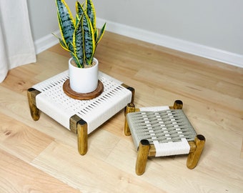 Mid-Century Modern Style Woven Indoor Plant Stand • Handmade • Customizable • BUILT TO ORDER  • (Set of 2)