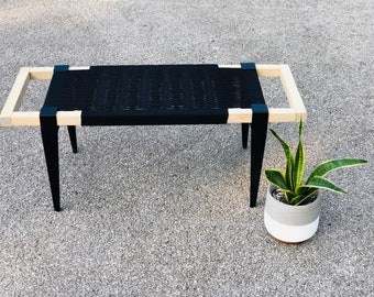 Mid-Century Modern Style Bench • Mudroom / Entryway Bench • Hand Woven End of Bed Stool • Custom Made • Handmade & BUILT TO ORDER