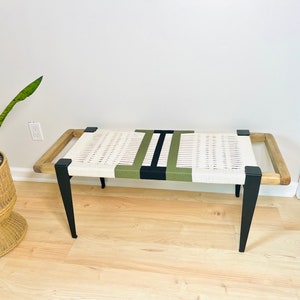 Mid-Century Modern Style Bench • Mudroom / Entryway Bench • Hand Woven End of Bed Stool • Custom Made • Handmade & BUILT TO ORDER