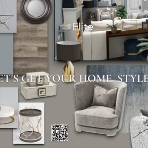 May include: A home decor mood board with the text "LET'S GET YOUR HOME STYLED" and "Elite". The image features a gray armchair, decorative tables, vases, and a sofa. The color palette includes grey, gold, and white.