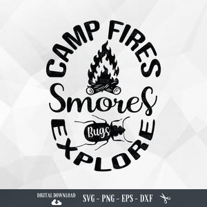Exploración de insectos y malvaviscos en fogatas SVG PNG: Aventura de campamento (Descarga digital)