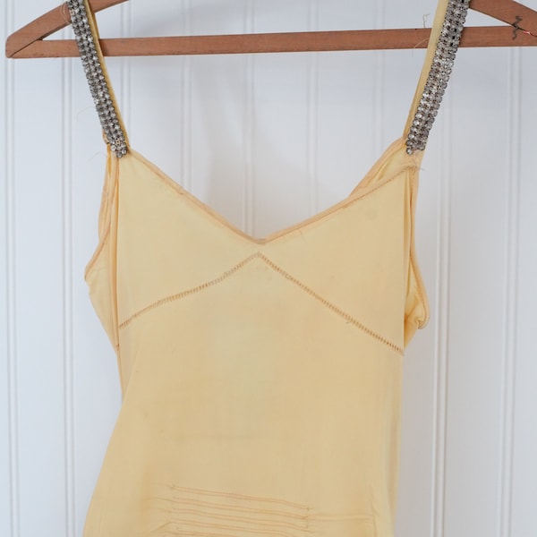 Vintage Antique 1920s 1930s Yellow Silk with Rhinestone Slip Dress