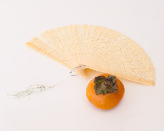 Vintage 1950s Fan: Cream Japanese Celluloid with T